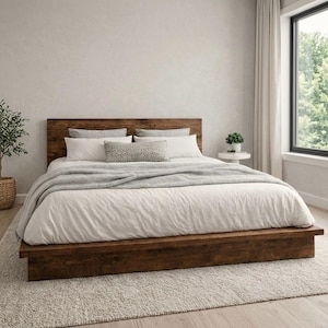 May include: A wooden platform bed with a dark brown headboard and frame. The bed is made up with white bedding, a gray throw blanket, and decorative pillows. The room has a neutral color palette with a large window and a small potted plant.