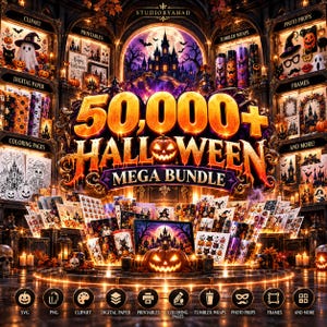 May include: A digital Halloween mega bundle featuring 50,000+ assets including clipart, printables, tumbler wraps, and frames. The display shows a central glowing pumpkin, a haunted castle, and various Halloween-themed patterns and icons.