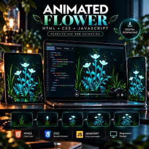 Könnte beinhalten: Ein digitaler Download für ein animiertes Blumen-Webdesign-Projekt. Das Display zeigt HTML-, CSS- und JavaScript-Code neben einer Grafik leuchtender blauer Blumen. Enthält responsives Design, sauberen Code und eine schrittweise Animationssequenz.