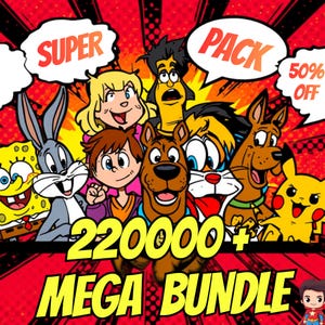 Op de afbeelding: Een levendige afbeelding met stripfiguren zoals Bugs Bunny, Scooby-Doo en SpongeBob SquarePants. Tekst bevat "SUPER PACK", "50% OFF", "220000+" en "MEGA BUNDLE" tegen een rode en gele stripachtergrond.