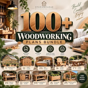 Puede incluir: Un paquete digital de más de 100 planos de carpintería de StudioByAhad con el texto 100+ Woodworking Plans Bundle, Build Create Enjoy. Incluye iconos para PDF, listas de materiales, instrucciones y archivos listos para imprimir con muebles.