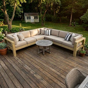 May include: A large outdoor corner sofa with beige cushions and a wooden frame. Decorative patterned pillows are arranged on the sofa. A round wooden coffee table is in the centre. The sofa is on a wooden deck, with a small shed and trees in the background.