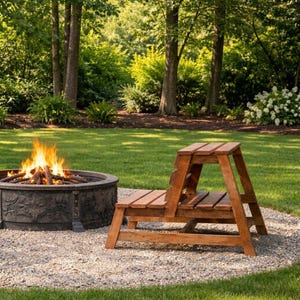 May include: A wooden outdoor chair with a stepped design sits on a gravel surface next to a fire pit with a burning fire. The chair is made of natural wood and is surrounded by green grass and trees.