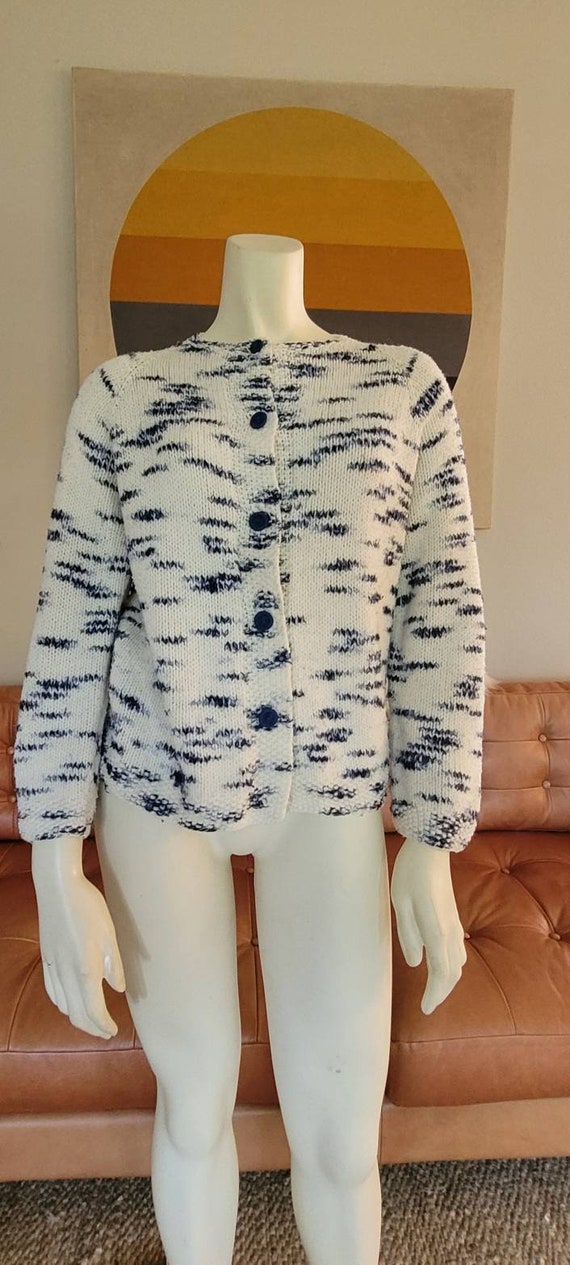 Vintage White And Blue Knit Cardigan Sweater