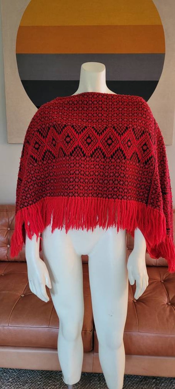 Vintage Red Jacquard Knit Poncho with Fringe
