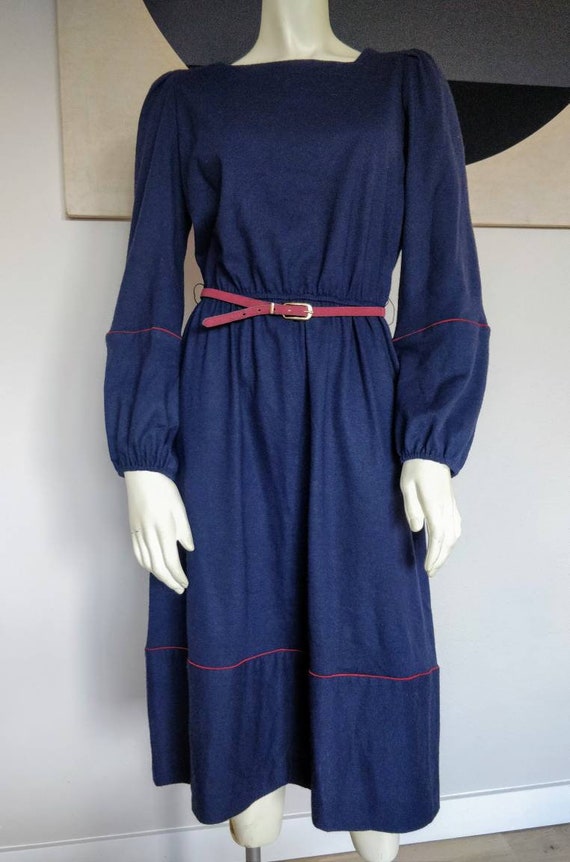 Vintage Navy Puff Sleeve Midi Dress