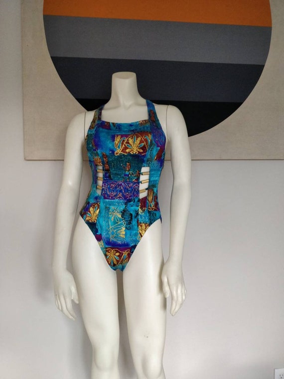 Vintage Novelty Print One Piece Swimsuit with Embe