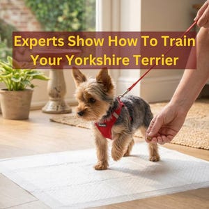 May include: A Yorkshire Terrier puppy wearing a red harness and leash stands on a white absorbent pad. The image includes the text "Experts Show How To Train Your Yorkshire Terrier."