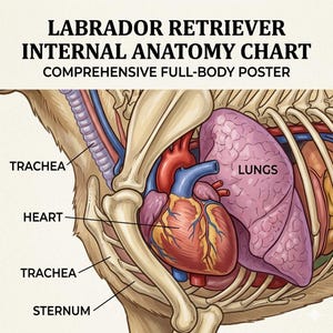 Könnte beinhalten: Anatomie-Diagramm eines Labrador Retrievers, das die inneren Organe zeigt. Herz, Lunge, Luftröhre und Brustbein sind beschriftet. Das Poster ist eine umfassende Ganzkörperillustration.
