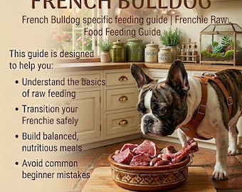 Guía de alimentación cruda para bulldog francés en PDF, plan de dieta natural para bulldog francés, libro electrónico BARF para principiantes, apoyo para estómagos sensibles, manual de nutrición canina.