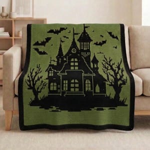 Halloween Haunted House Crochet Blanket Pattern PDF, Overlay Mosaic Crochet Chart, Gothic Spooky Throw Blanket, Bat Night Design