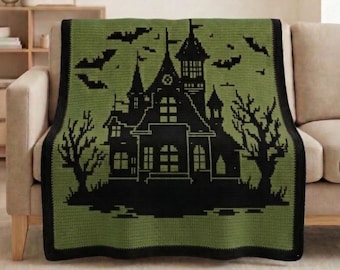 Halloween Spukhaus Häkeldecke Muster PDF, Overlay Mosaik Häkeldecke, Gothic Gruselige Decke, Fledermaus Nacht Design
