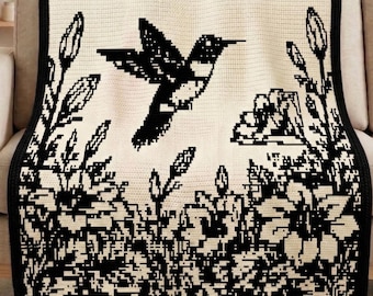 Kolibri-Mosaik-Häkeldecke Muster PDF, Overlay-Mosaik-Häkeldecke, Blumenvogel-Decke, moderne Natur-Häkeldecke