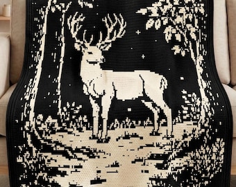 Wald Hirsch Overlay Mosaik Häkeldecke Muster PDF, Mosaik Häkelanleitung, Naturszene Afghan, Waldtier Häkelwurf Design