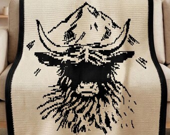 Highland Cow Mosaic Crochet Blanket Pattern PDF, Overlay Mosaic Crochet Chart, Mountain Cow Blanket, Farmhouse Crochet Throw Pattern