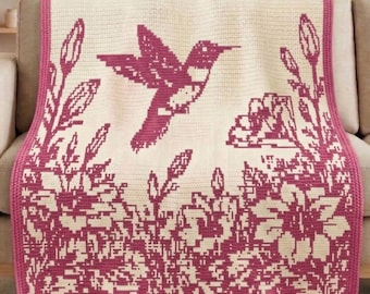 Kolibri Overlay Mosaik Häkeldecke Muster PDF, Vogel Blumenkarte, Natur häkeln Afghan, modernes dekoratives Wurfdesign