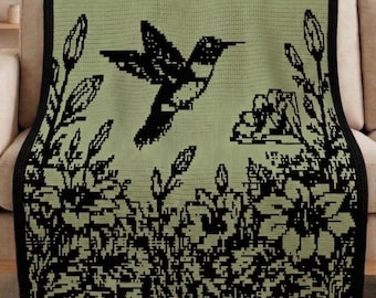 Kolibri Blumen Mosaik Häkeldecke Muster PDF, Overlay Mosaic Chart, Natur Vogel Überwurf, Elegante Häkeldecke Design