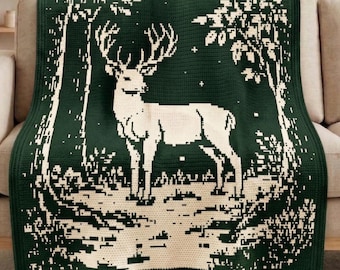 Woodland Deer Mosaic Crochet Blanket Pattern PDF, Overlay Mosaic Crochet Chart, Forest Animal Throw, Nature Crochet Blanket Design