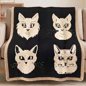 Cat Mosaic Crochet Blanket Pattern PDF, Overlay Mosaic Crochet Chart, Cat Faces Blanket, Modern Crochet Throw, Animal Blanket Pattern