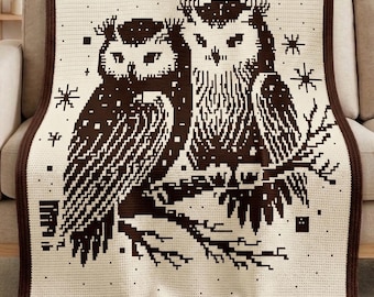 Eulen Paar Mosaik Häkeldecke Muster PDF, Overlay Mosaik Häkeldecke, Eulendecke, Nachteulen werfen, rustikales Häkeldekor