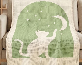Mond Katze Mosaik Häkeldecke Muster PDF, Overlay Mosaic Häkeldecke, Katzen und Mond Häkeldecke, Nachthimmel Häkelwurfwurf Muster