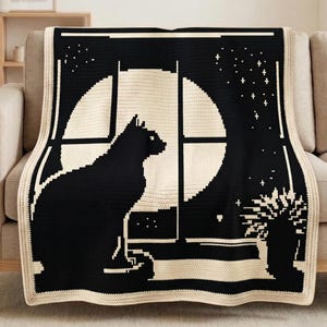 Black Cat Moon Mosaic Crochet Blanket Pattern PDF, Overlay Crochet Chart, Window Night Scene Blanket, Modern Cat Throw Design