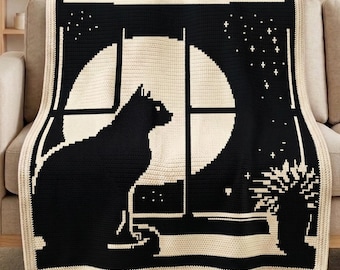 Schwarze Katze Mond Mosaik Häkeldecke Muster PDF, Overlay Häkelanleitung, Fenster-Nachtszene-Decke, moderne Katze werfen Design