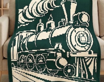 Vintage Train Häkeldecke Muster PDF, Overlay Mosaik Häkeldecke, Steam Lokomotive Überwurf Muster, Eisenbahn Decke Design, Moderne Häkeldecke