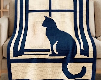 Katzen Fenster Mosaik Häkeldecke Muster PDF, Overlay Mosaik Häkeldecke, moderne Katzen Silhouette Decke, gemütliches Häkelwurf Muster