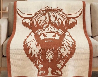 Highland Kuh Decke Häkelanleitung, Overlay Mosaik Häkeldecke, großer Kuh Überwurf, rustikale Bauernhaus Dekoration, Tier Häkeldecke