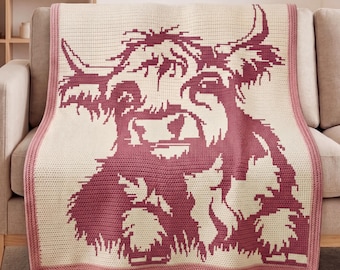 Highland Kuh Mosaik Häkeldecke Muster PDF, Overlay Mosaik Häkeldecke, Bauernhof Häkeldecke, rustikale Häkeldecke