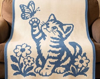 Cat Butterfly Mosaic Crochet Pattern, Floral Cat Blanket PDF, Overlay Mosaic Crochet, Cat Lover Gift, Butterfly Crochet Throw Pattern PDF US