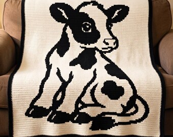 Baby Cow Mosaic Crochet Pattern, Farm Animal Blanket PDF, Cute Calf Overlay Mosaic Crochet, Rustic Nursery Throw, Mosaic crochet pattern PDF