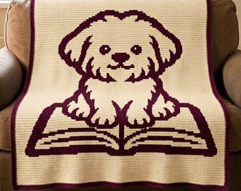 Puppy Book Mosaic Crochet Pattern, Dog Blanket Overlay Mosaic Crochet, Cute Puppy Afghan PDF, Book Lover Gift, Digital Crochet Download File