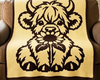 Highland Cow Mosaic Crochet Pattern, Cute Cow Blanket PDF, Overlay Mosaic Crochet Chart, Farmhouse Throw, Cow Lovers Gifts, Mosaic crochet