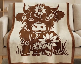 Patrón de manta de ganchillo con mosaico de vaca de las Tierras Altas en PDF, gráfico de ganchillo con mosaico superpuesto, manta floral de vaca, manta rústica de granja.