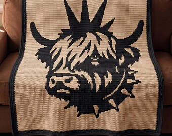 Highland Cow Mosaic Crochet Pattern, Farmhouse Blanket PDF, Overlay Mosaic Crochet Charts, Rustic Cow Throw, Digital Download for Cow Lovers