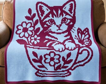 Cat in Teacup Overlay Mosaic Crochet Pattern, Floral Kitten Blanket PDF, Cat Lover Gift, Written Instructions and Chart Download, Cozy Decor
