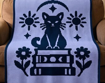 Mystical Cat Overlay Mosaic Crochet Pattern, Witchy Black Cat Blanket PDF, Celestial Book Lover Throw, Floral Kitty Crochet , Mosaic crochet