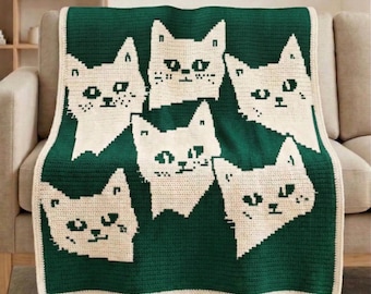 Niedliche Katze Mosaik Häkeldecke Muster PDF, Overlay Mosaik Chart, Kawaii Cat Design, Häkeldecke Muster, Katzenliebhaber Dekor