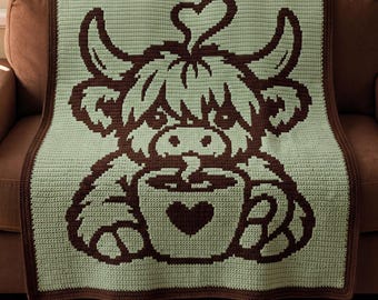 Cow Coffee Mosaic Crochet Pattern, Highland Cow Blanket PDF, Overlay Mosaic Crochet Chart, Farmhouse Decor, Cow Lover Gift, Mosaic crochet