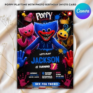 May include: A birthday invitation card featuring characters from Poppy Playtime. The card has a black background with the text "LET'S PLAY! JACKSON IS TURNING 7". The card also includes event details and the text "SEE YOU THERE!"