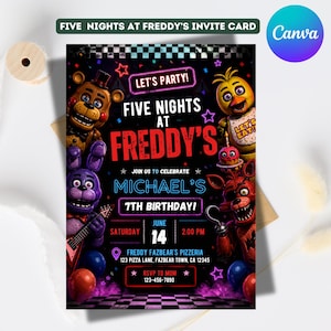 May include: A birthday party invitation card featuring characters from "Five Nights at Freddy's." The invitation includes the text "Let's Party!" and details for Michael's 7th birthday, including the date, time, and location: Freddy Fazbear's Pizzeria.