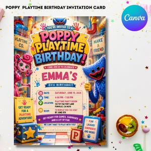 May include: A colorful Poppy Playtime birthday invitation card. The card features the text "Poppy Playtime Birthday!" and details for Emma's 8th birthday. Includes cartoon characters and the Canva logo.