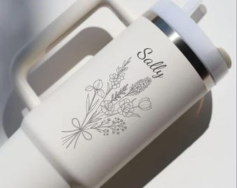 Personalized Birth Flower Tumbler with Name, Custom Floral Engraved Tumbler, Minimalist Line Art Cup, Bridesmaid Gift, Wedding Gift for Her