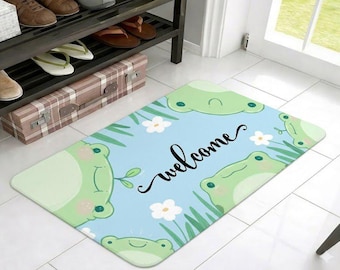 Frog Welcome Doormat, Cute Green Frog Door Mat, Funny Animal Entryway Rug, Non Slip Indoor Outdoor Mat, Spring Summer Home Decor