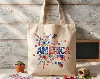 4th of July Floral Tote Bag, Patriotic USA Canvas Bag, American Flag Watercolor Floral Tote, Independence Day Gift for Women