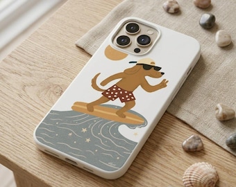 Surfing Dog Phone Case, Cute Beach Dog iPhone Case, Summer Vibes Aesthetic, Funny Puppy Surf Illustration, Ocean Wave Phone Cover Gift