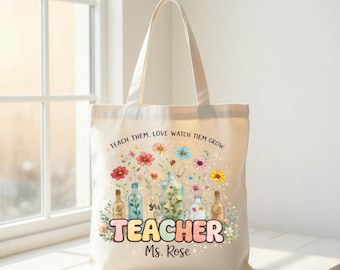 Custom Teacher Name Floral Tote Bag, Cute Pastel Teacher Gift, Personalized Classroom Aesthetic Tote, Back to School