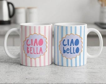 Ciao Bella Ciao Bello Mug Set, His and Hers Coffee Cups, Cute Couple Gift, Pink Blue Striped Aesthetic Mug, Romantic Gift Idea